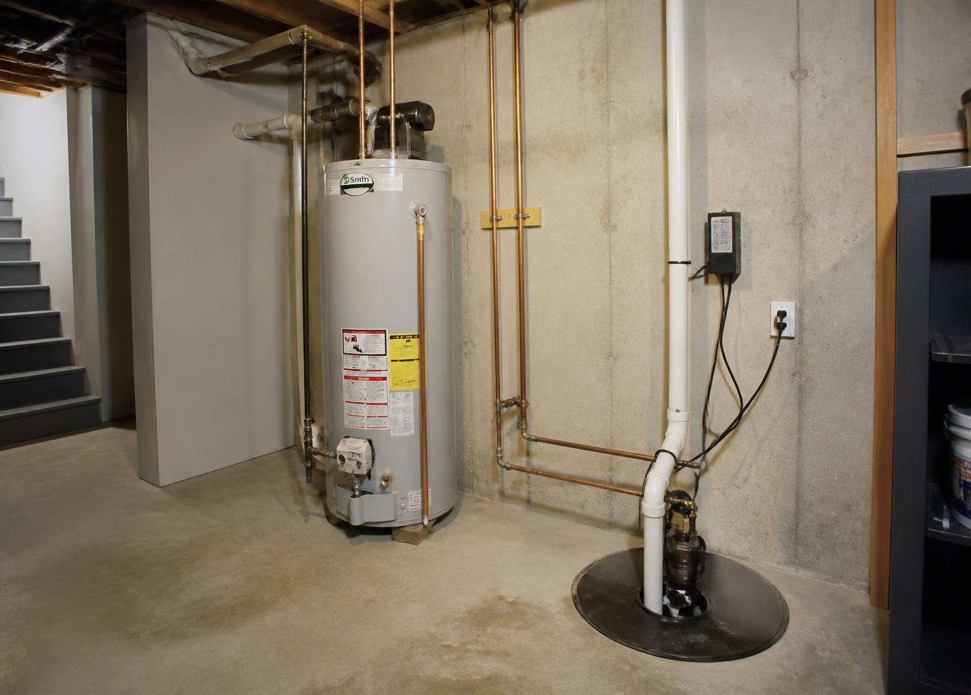 Water heater and sump pump in the basement utility area of a suburban Illinois home