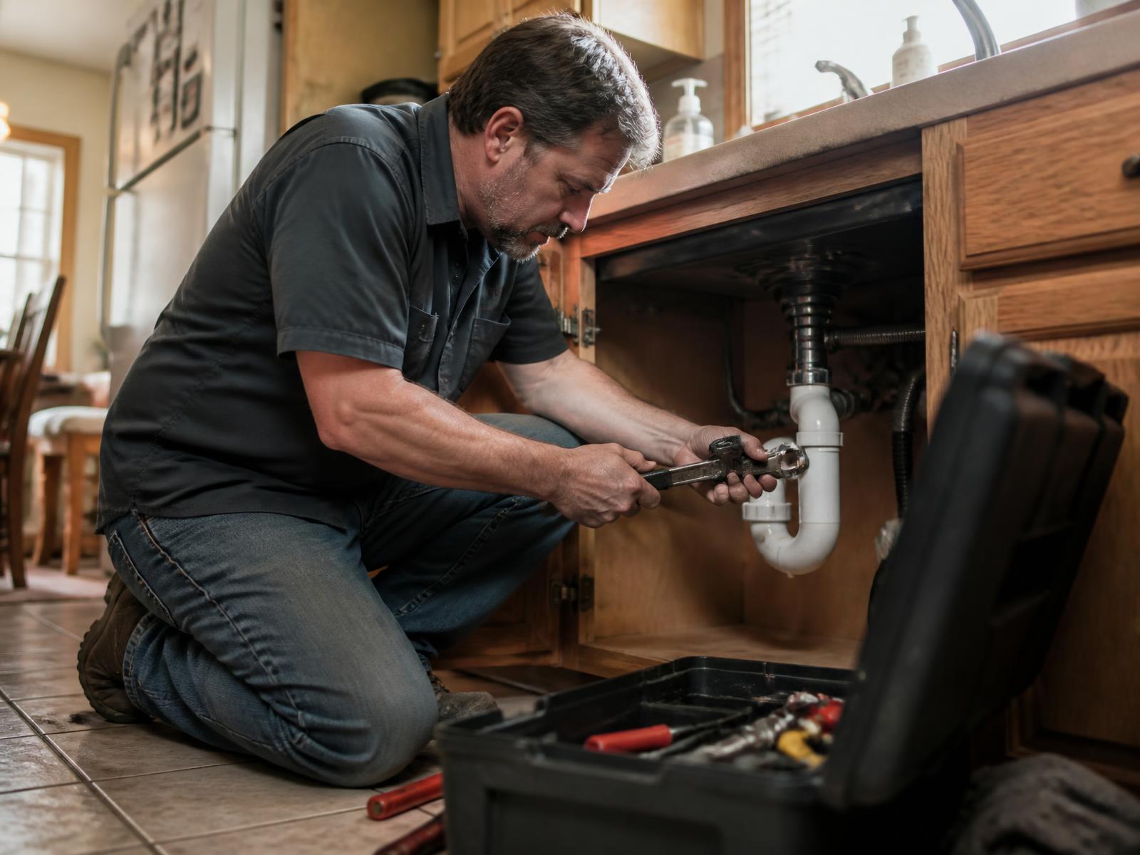Plumber repairing the drain trap under a kitchen sink in a Westmont, IL home